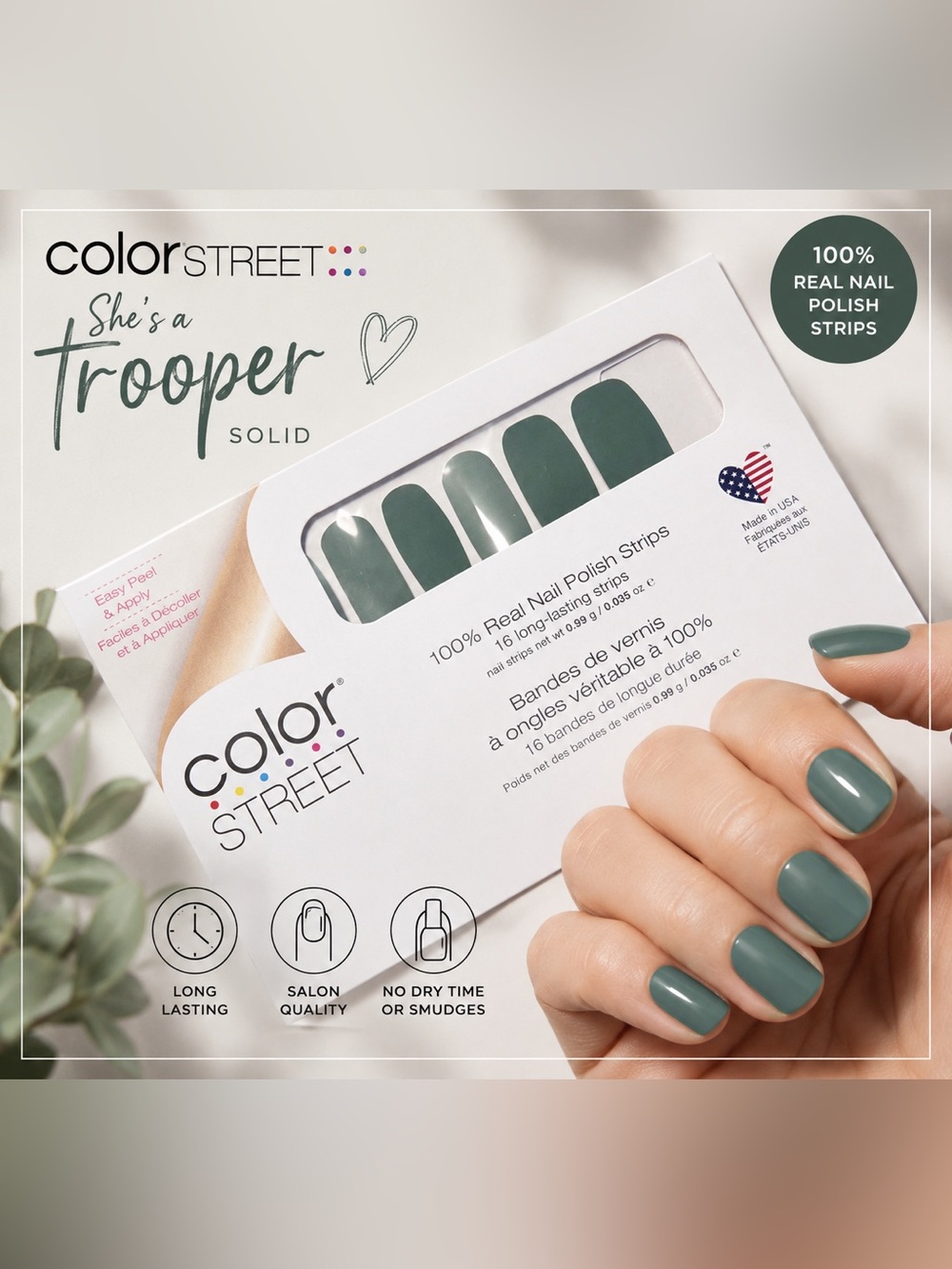 Color Street She’s a Trooper Solid Green Nail Polish Strips Manicure NIP